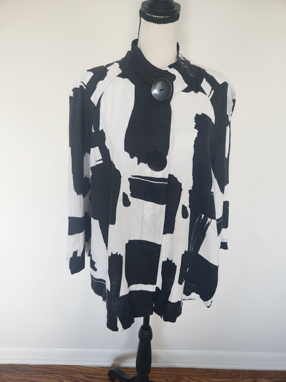 Grace Black and White Brush Stroke Linen Tunic Top Shirt Lagenlook Art  12